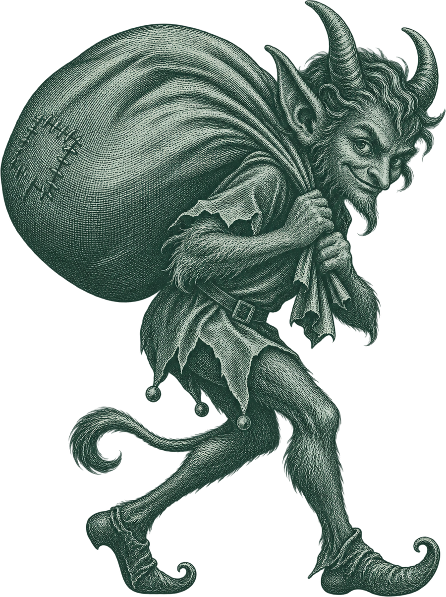 Wondering Imp mascot carrying a sack
